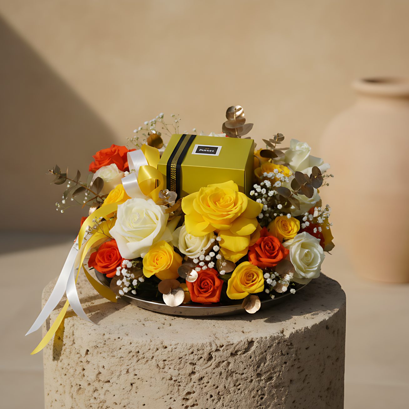 Taubah floral tray arrangement with mixed roses, eucalyptus, gypsophila, and Patchi chocolates by Aiwa Flowers Dubai