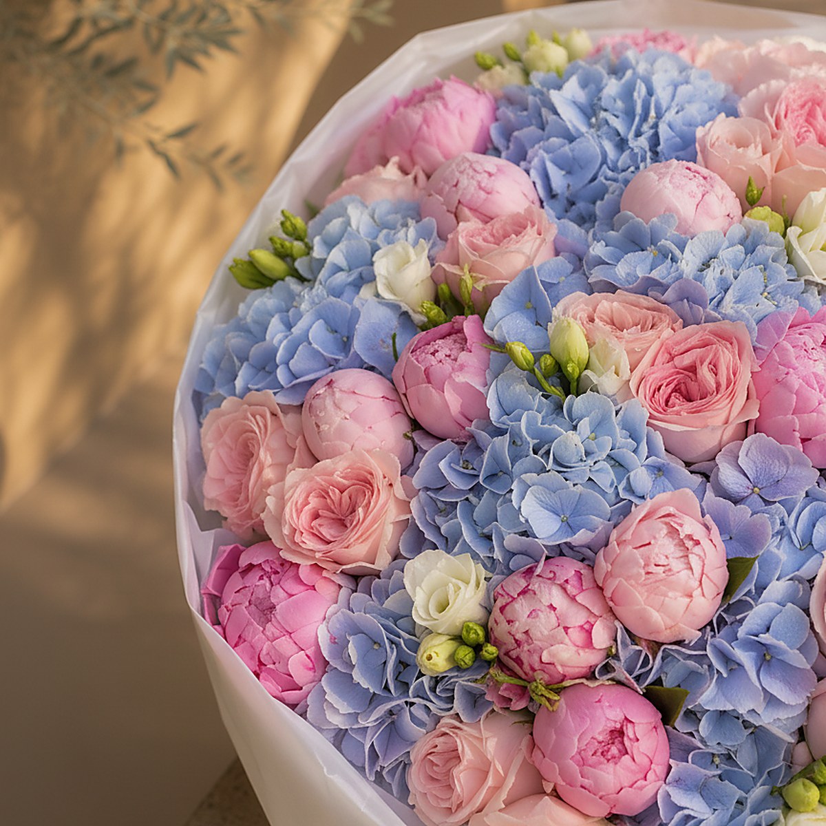 Velour Sky blue hydrangea pink peony and lisianthus bouquet by Aiwa Flowers Dubai