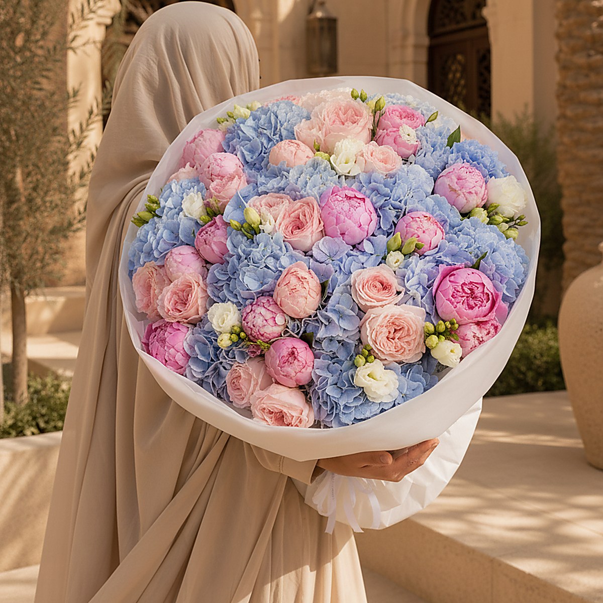 Side angle of Velour Sky showing painterly layered composition by Aiwa Flowers Dubai