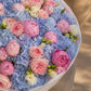 Top-down view of Velour Sky hand-tied bouquet by Aiwa Flowers Dubai