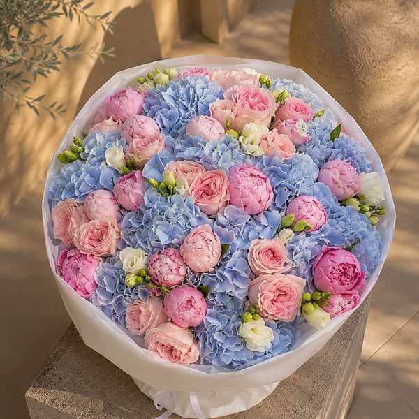 Lifestyle shot of Velour Sky luxury layered bouquet by Aiwa Flowers Dubai