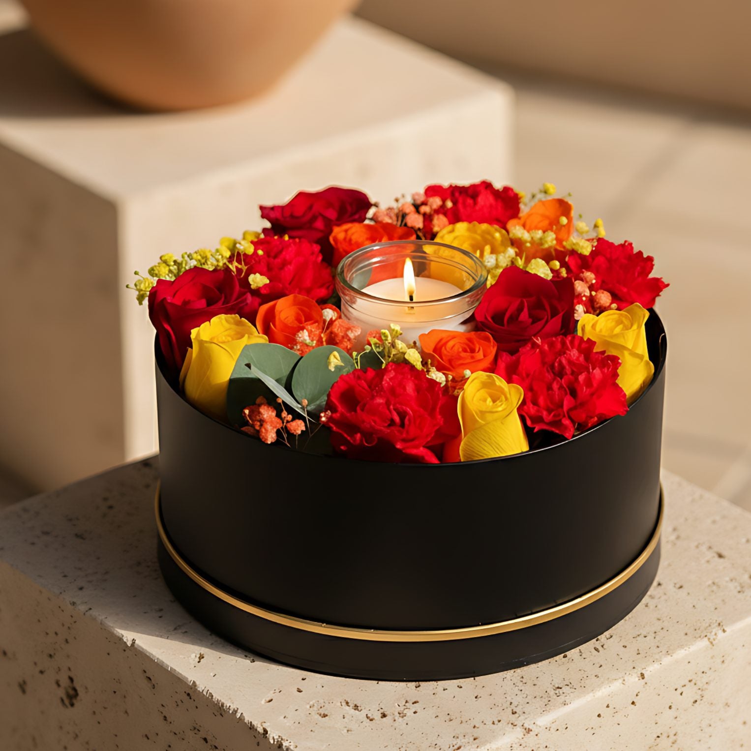 Warm Wishes black round box arrangement with mixed roses, red carnations, eucalyptus, gypsophila, and scented candle by Aiwa Flowers Dubai