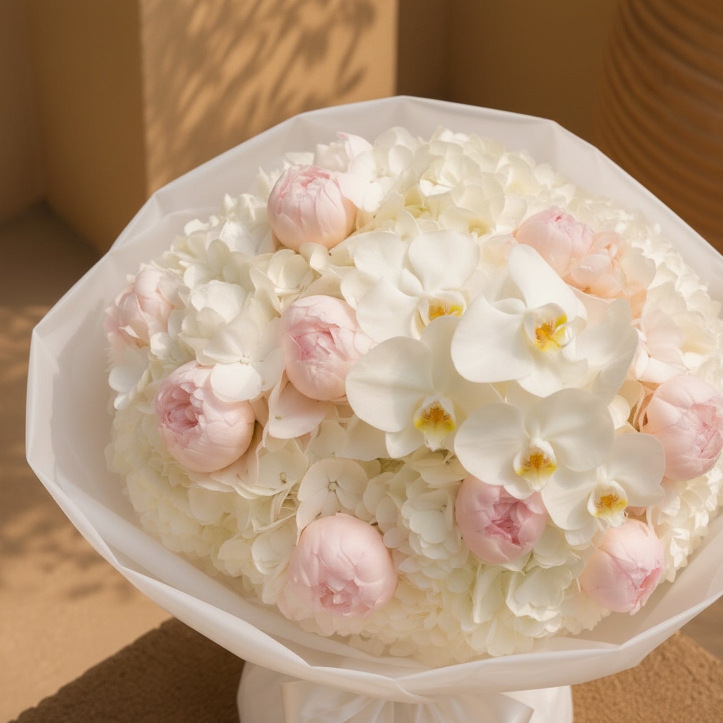 Aiwa Flowers White Velvet bouquet — top view view | luxury flower delivery Dubai