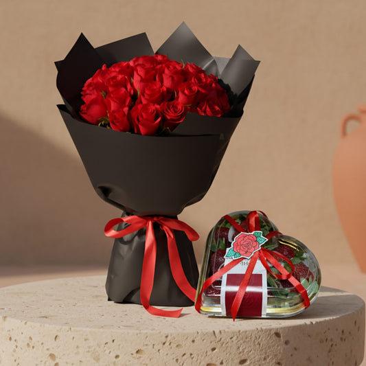 You & Me - 25 Roses + Strawberry Heart Box