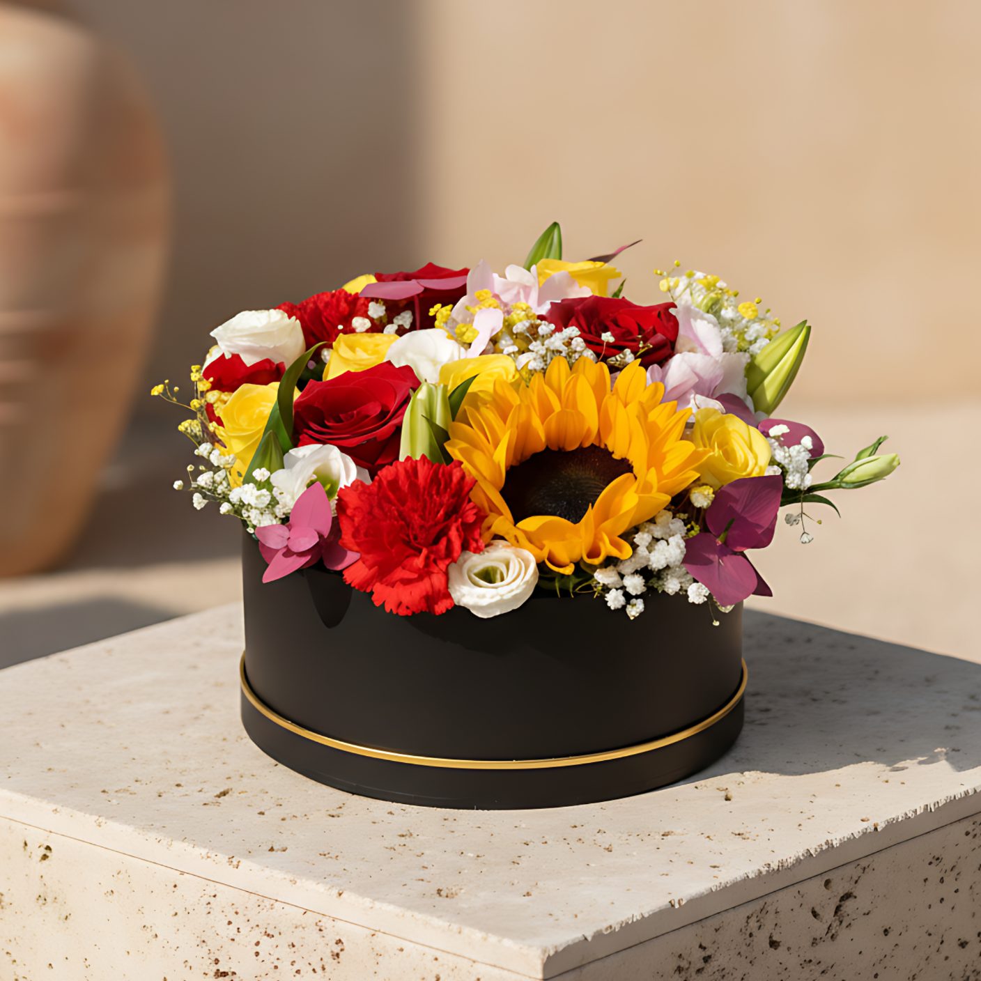 Black box floral arrangement with red and yellow roses, pink hydrangea, sunflower, lilies, and gypsophila
