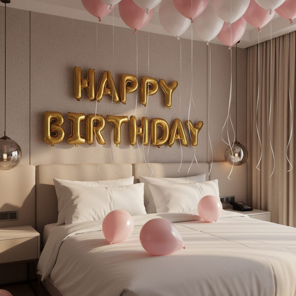 pink and white birthday balloon set with gold happy birthday letters above bed Dubai
