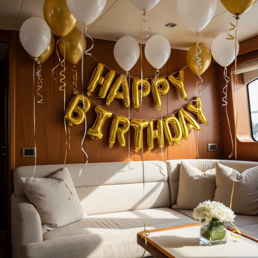 gold happy birthday foil balloon banner with white and gold helium balloons decoration Dubai