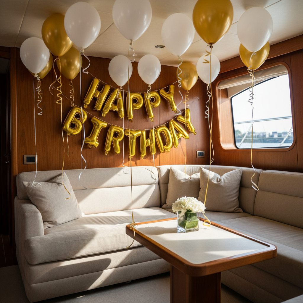 white and gold helium balloons with happy birthday banner decorated living room setup Dubai