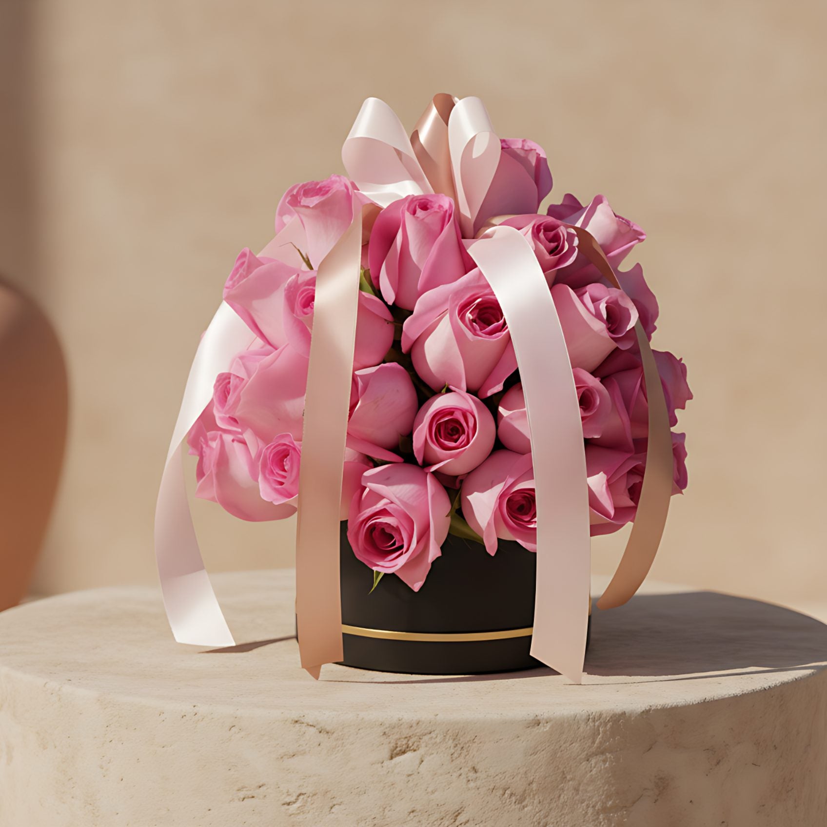 Elegant black box arrangement of 35–40 fresh pink roses symbolizing love and connection