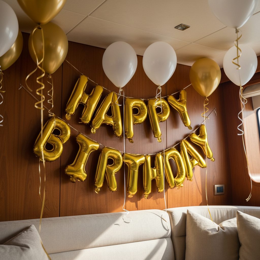 close view of white and gold helium balloons with happy birthday banner indoor celebration Dubai