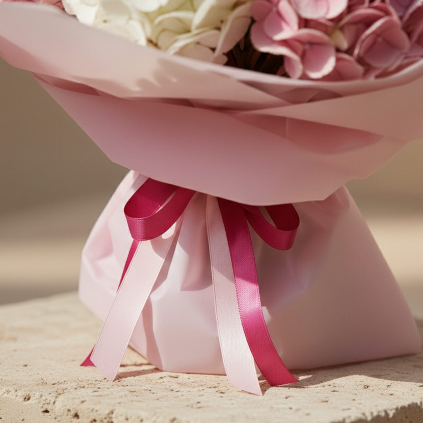 Close-up detail of pink bouquet wrapping and ribbon beneath pink and white hydrangea flowers.