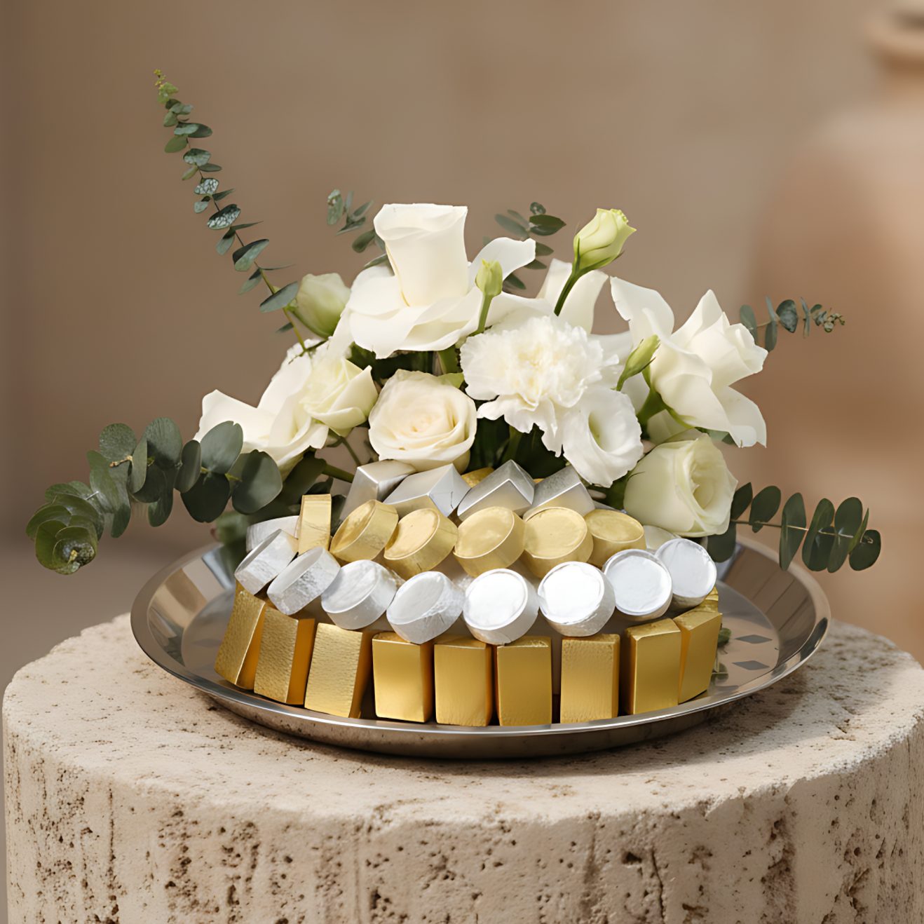Elegant silver plate arrangement with white roses, white carnations, lisianthus, eucalyptus, and gourmet chocolates