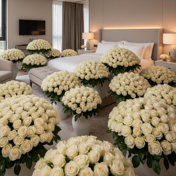 luxury bedroom decorated with multiple white rose vases ivory floral setup Dubai