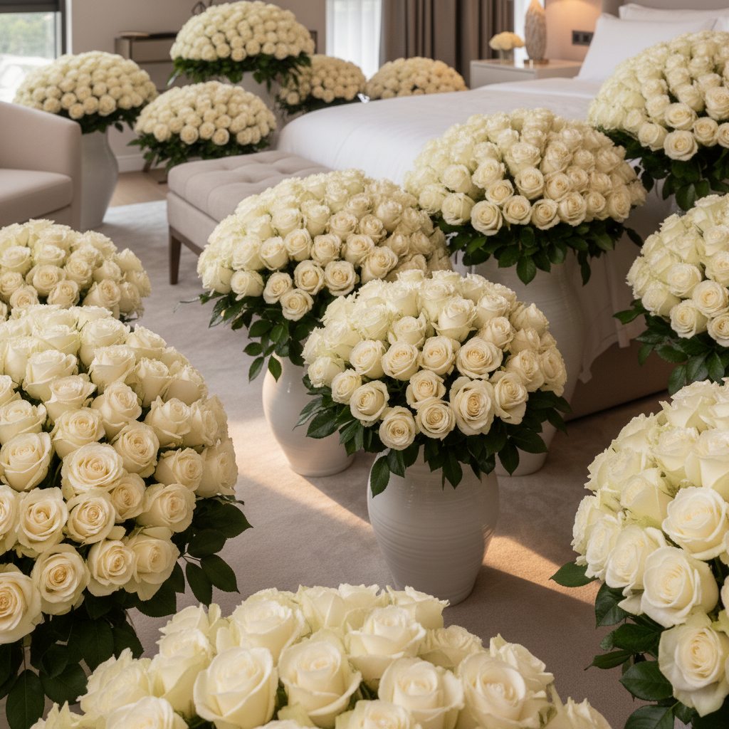 ivory rose floral collection filling room with multiple vases elegant setup Dubai