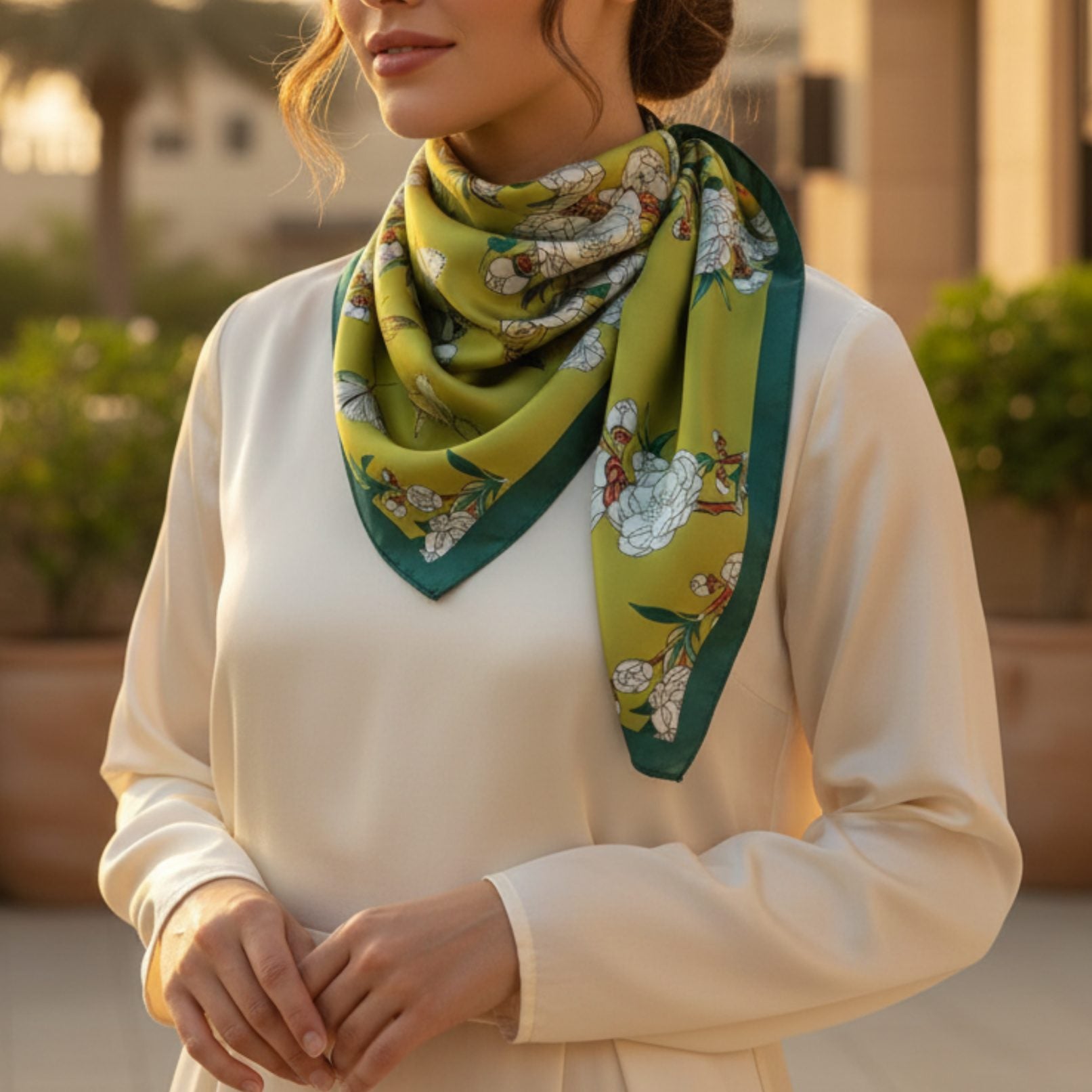 Model wearing green floral silk scarf styled around neck in elegant fashion look.