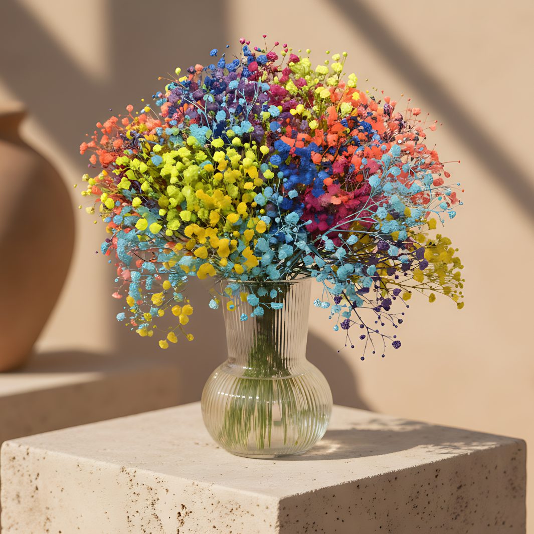 Rainbow gypsophila flower arrangement presented in a clear glass vase