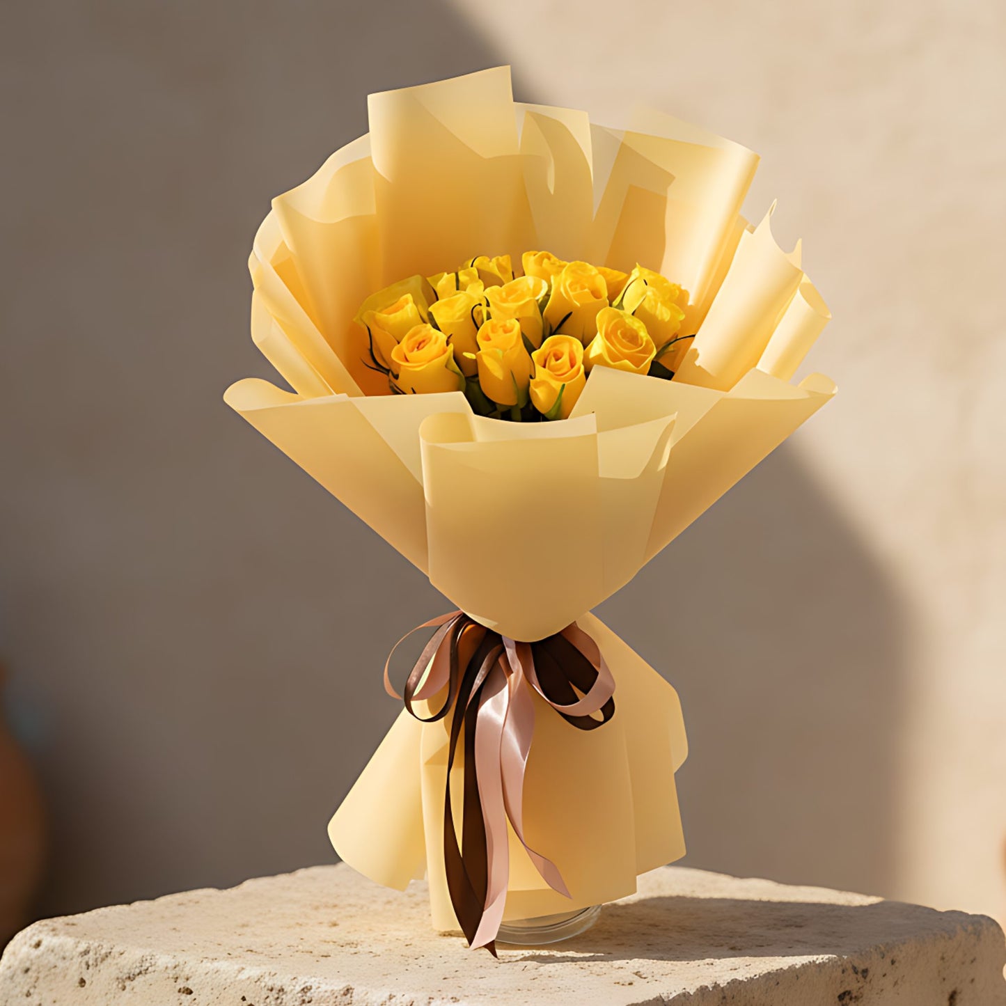 Hand-tied bouquet of 15 fresh yellow roses wrapped in elegant gold paper