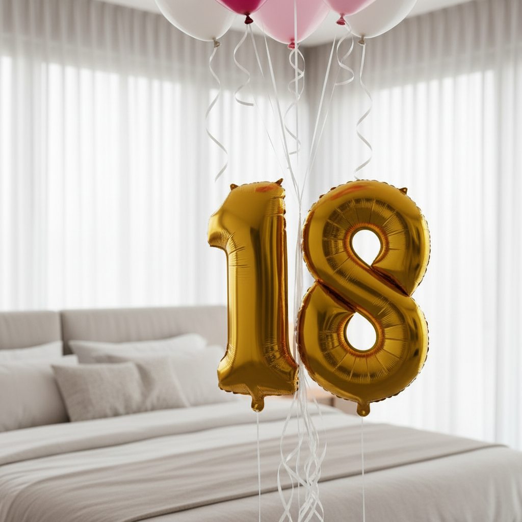 close up of gold number balloon with pink and white helium balloons decoration Dubai