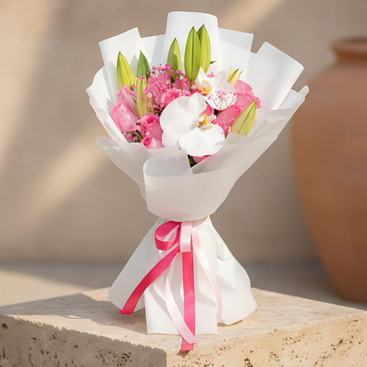 Hand-tied bouquet of pink roses with white lilies and white orchids wrapped in white paper