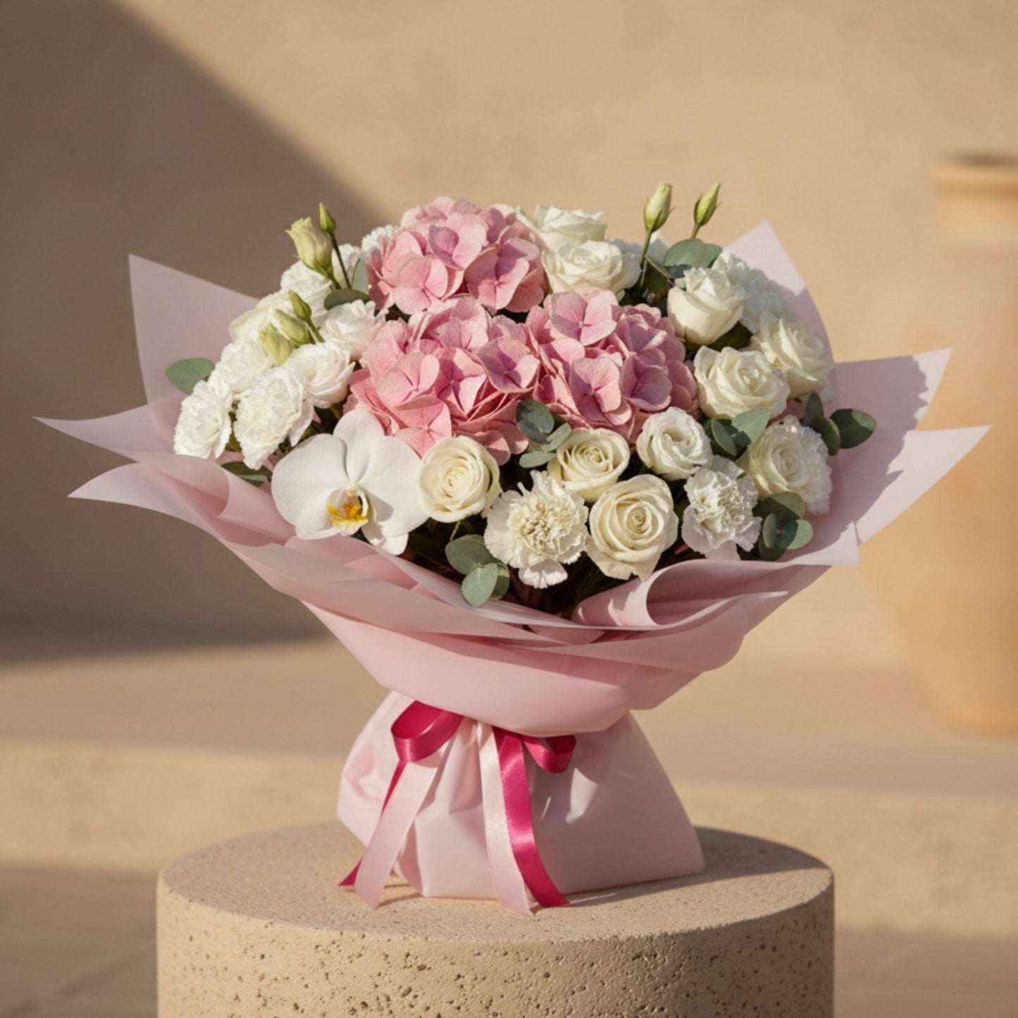 Pink hydrangea bouquet with white roses, orchid, and eucalyptus wrapped in blush pink paper.