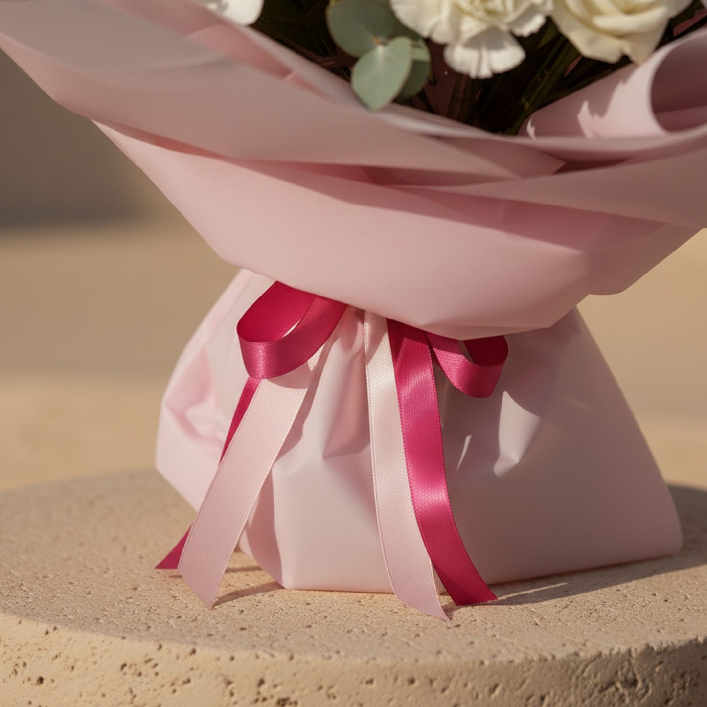 Close-up detail of blush wrapping and pink ribbon on Pink Theory flower bouquet.