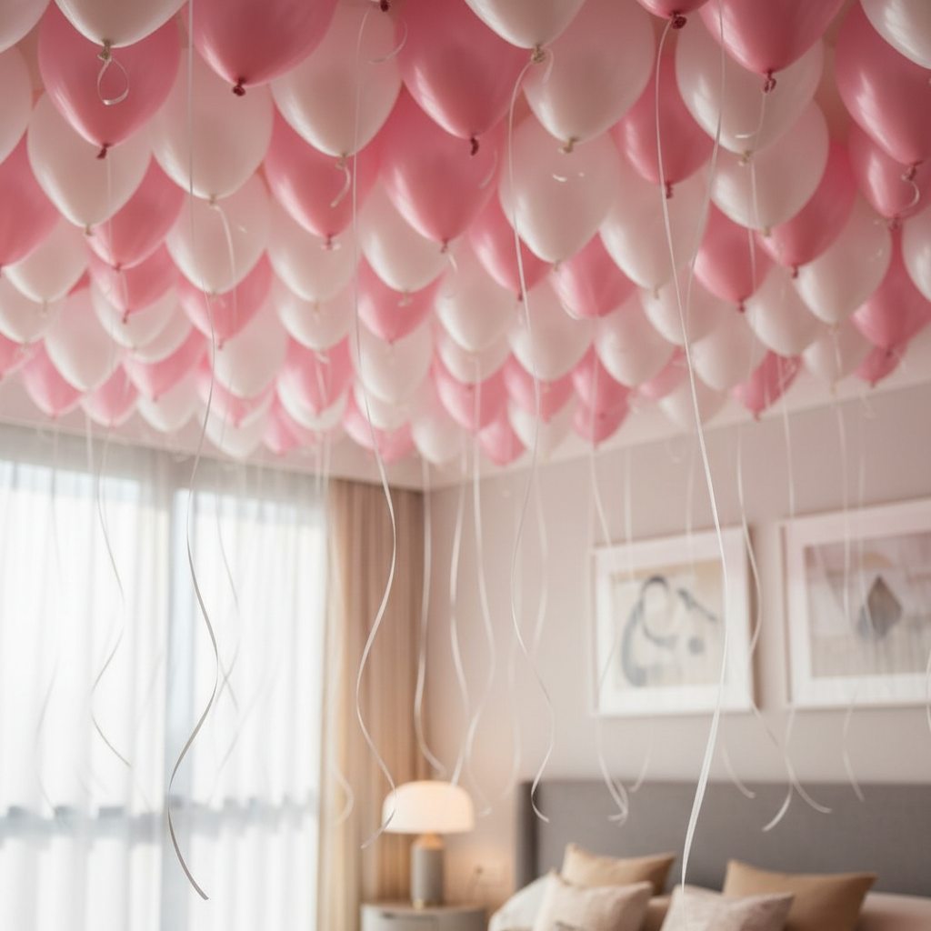 close view of pink and white helium balloons ceiling decoration with ribbons Dubai