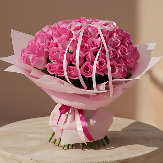 Hand-tied bouquet of 101 pink roses wrapped in soft pink paper