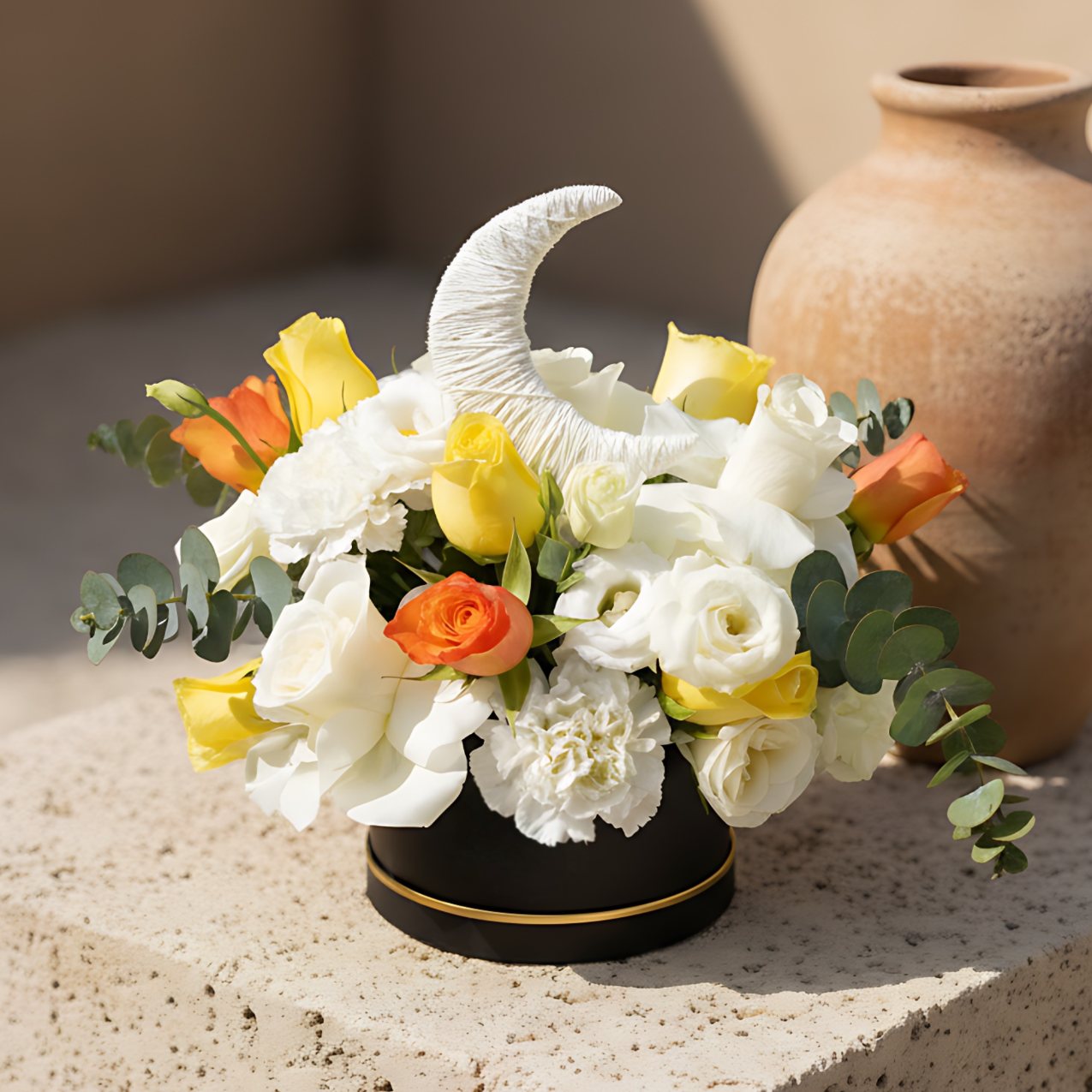 Luxury Ramadan flower box featuring yellow, orange, and white roses with white lisianthus, carnations, eucalyptus, and a decorative moon accent in a black box, delivered in Dubai.