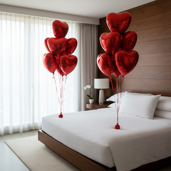 two clusters of red heart helium balloons 16 balloons total romantic bedroom setup Dubai