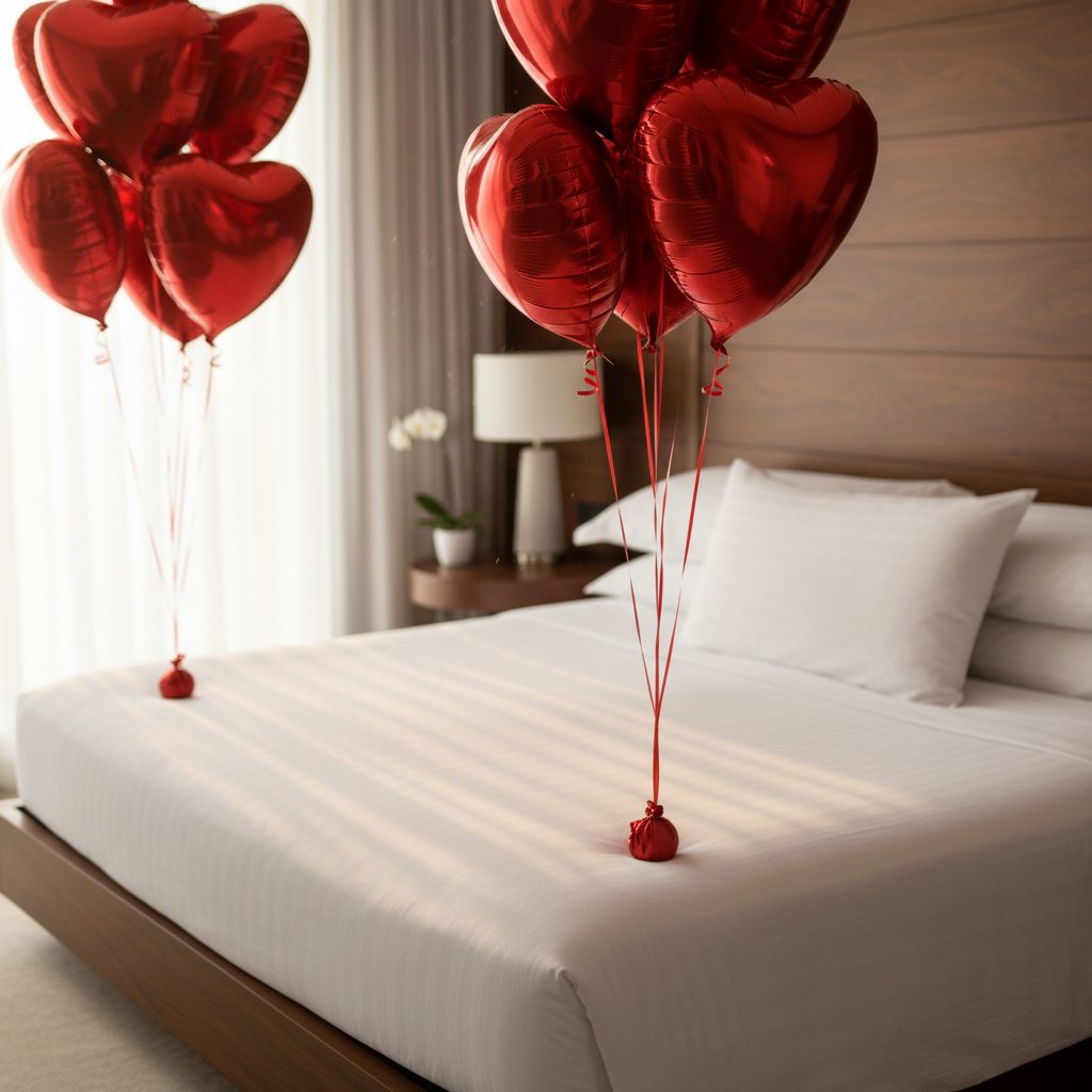 close up of red heart shaped helium balloon cluster with ribbons romantic decor Dubai