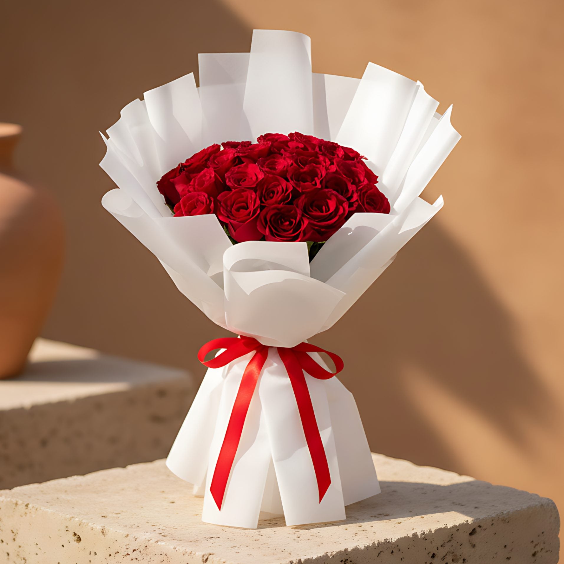 Hand-tied bouquet of 25 fresh red roses wrapped in elegant white paper