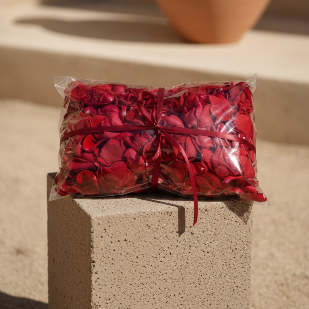 Bag of red rose petals wrapped in transparent packaging with red ribbon on a beige pedestal