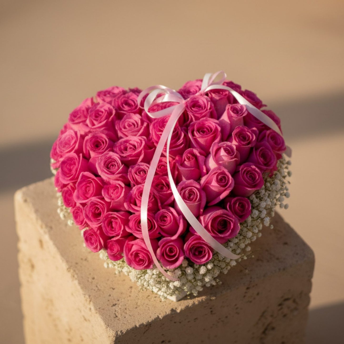Top view of Rosy Pirouette pink rose heart arrangement with delicate baby’s breath border.