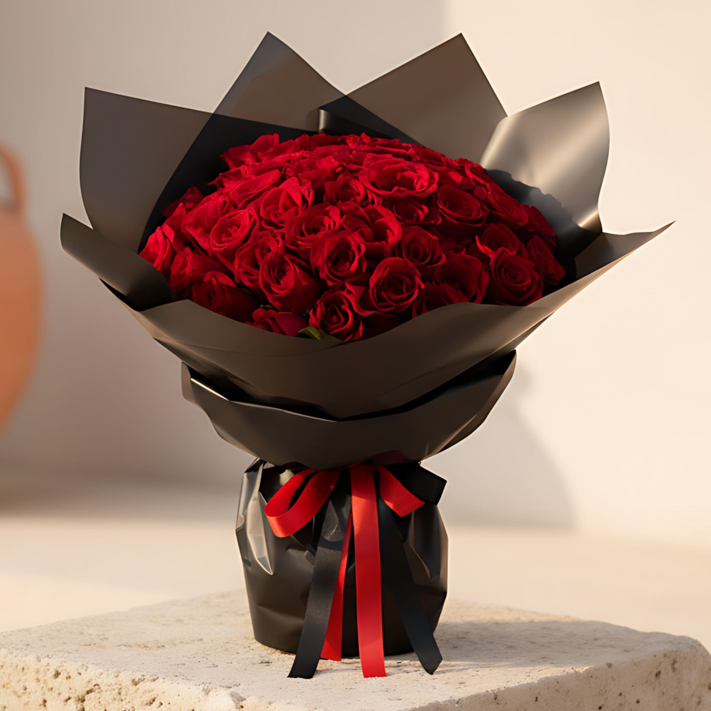 Hand-tied bouquet of 55 fresh red roses wrapped in elegant black paper