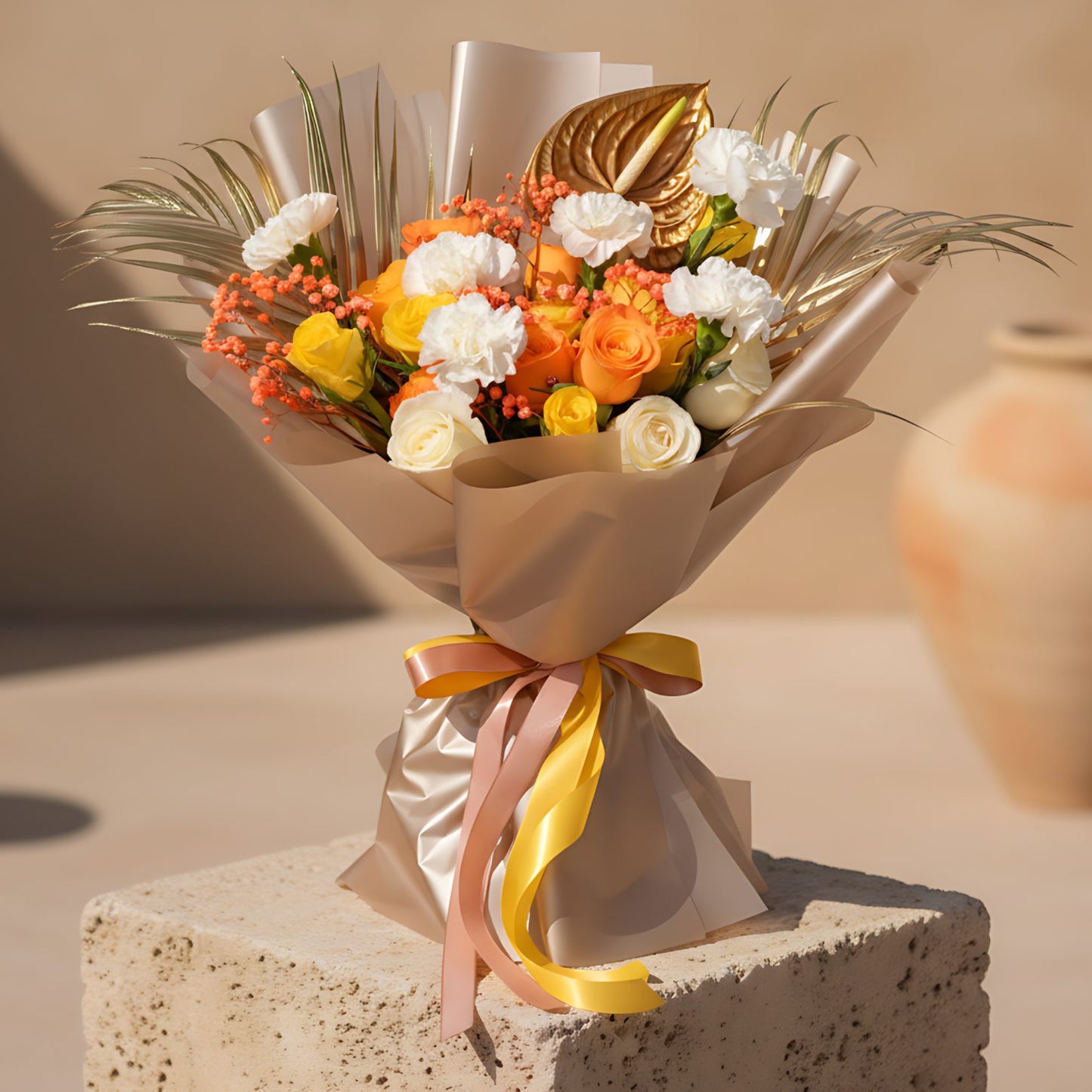 Hand-tied bouquet of yellow, orange, and white roses with carnations, gypsophila, gold anthurium, and areca leaves wrapped in gold paper