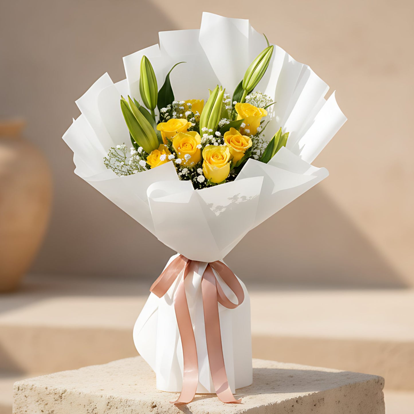 Hand-tied bouquet of yellow roses with lilies and gypsophila wrapped in elegant white paper