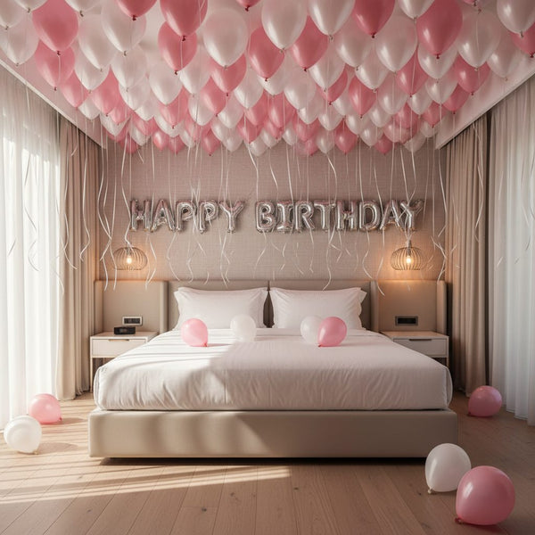 silver happy birthday balloon banner with pink and white ceiling balloons bedroom decoration Dubai