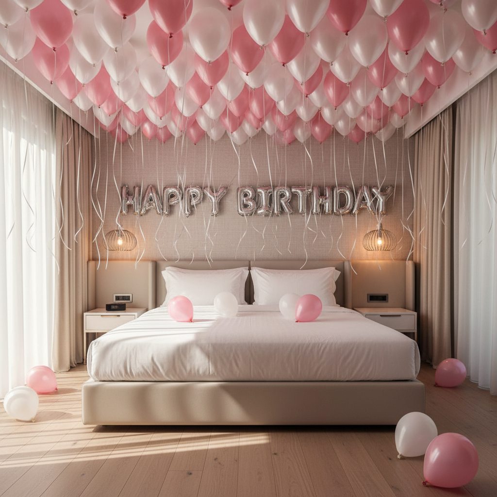 silver happy birthday balloon banner with pink and white ceiling balloons bedroom decoration Dubai
