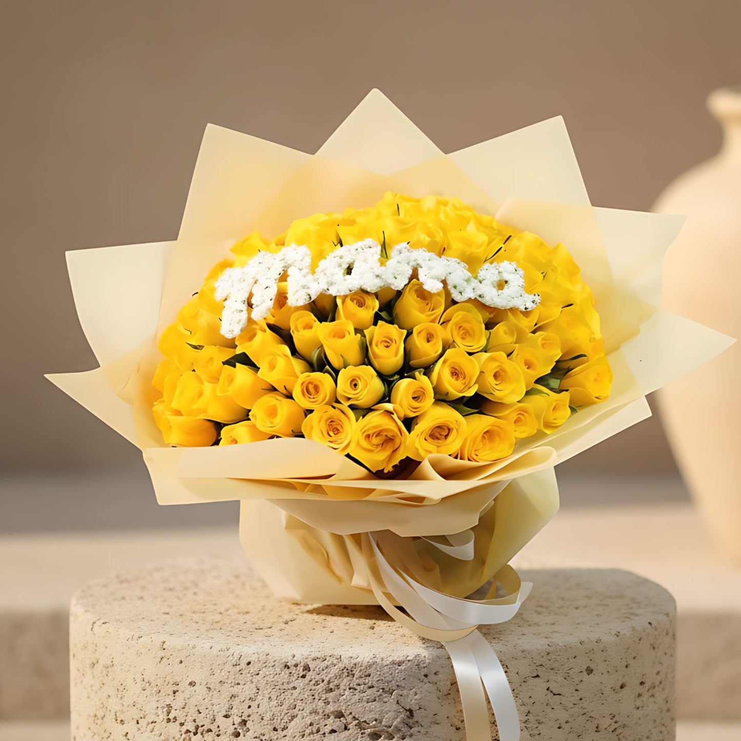 Hand-tied bouquet of 101 yellow roses with a Mama accent wrapped in luxurious gold paper