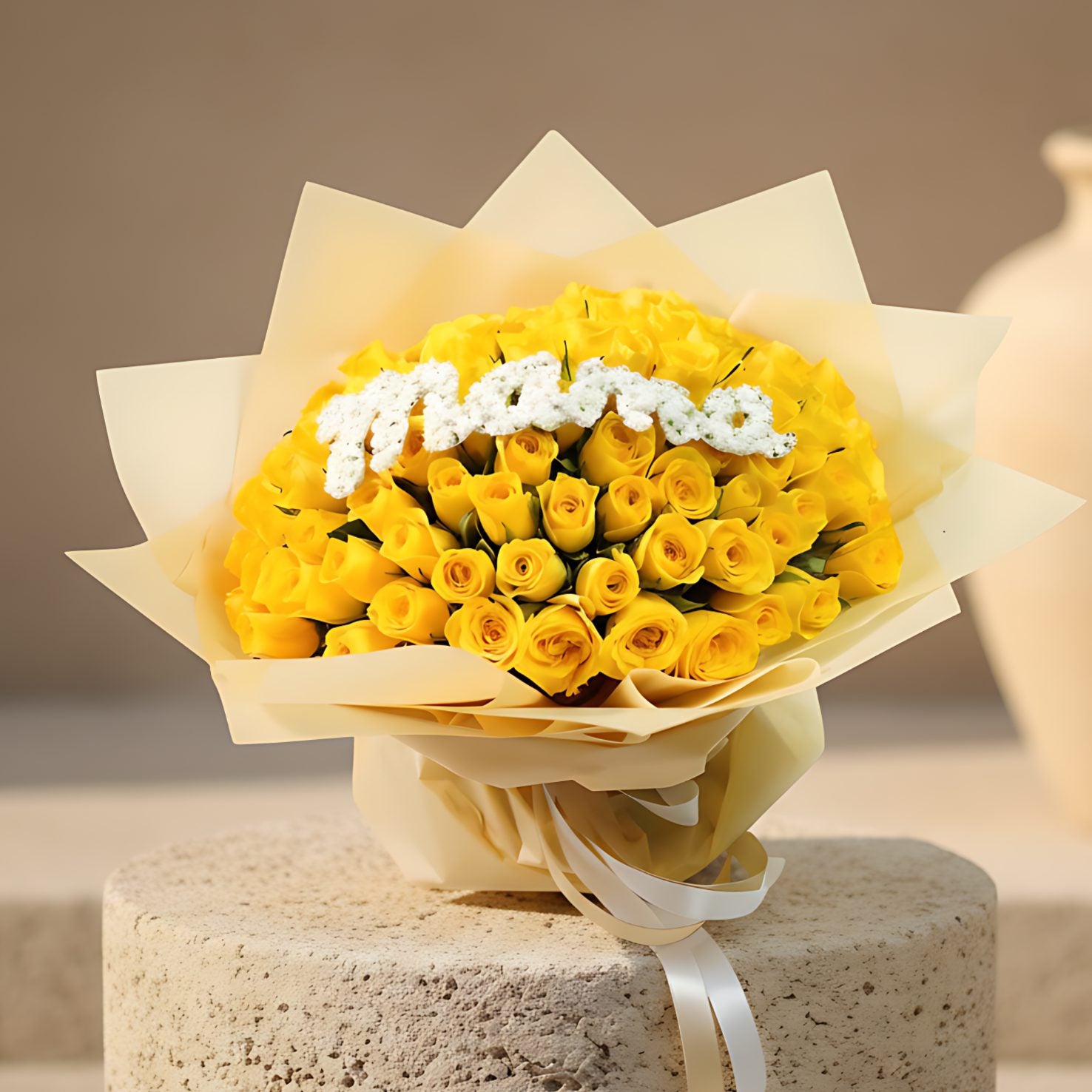 Hand-tied bouquet of 101 yellow roses with a Mama accent wrapped in luxurious gold paper