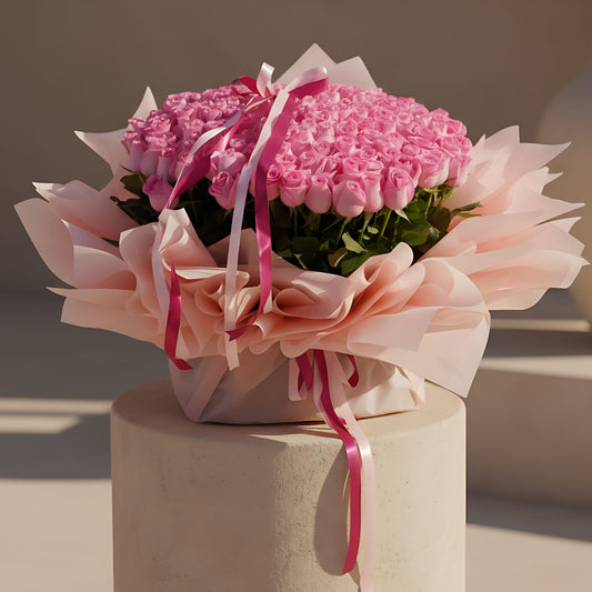 Hand-tied bouquet of 201 pink roses wrapped in soft pink tissue paper