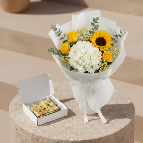 Sun & Flowers bouquet with sunflower, yellow roses and white hydrangea paired with sunflower silk scarf gift box.