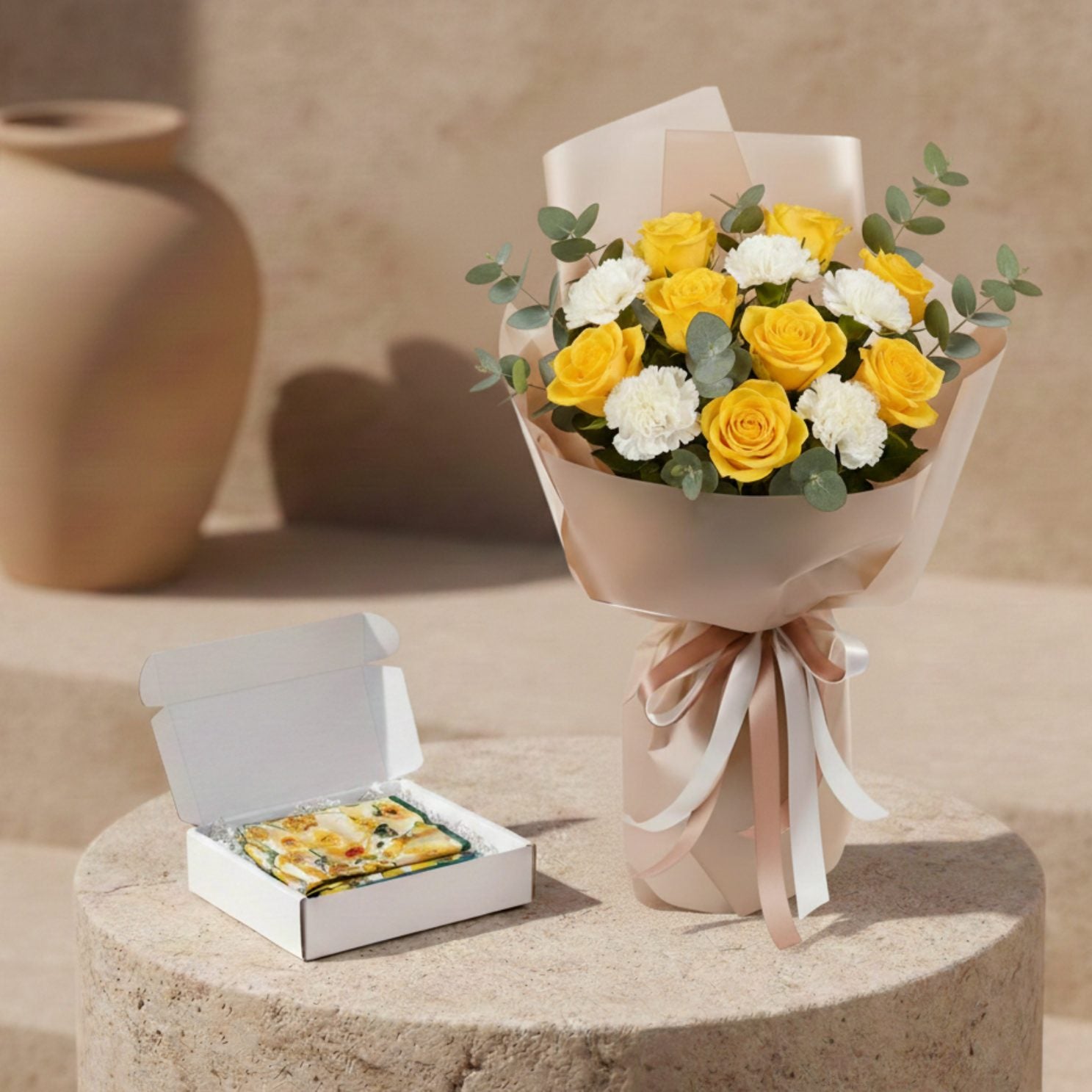 Sunbeam Affection bouquet with yellow roses, white carnations and eucalyptus with sunflower silk scarf gift box.