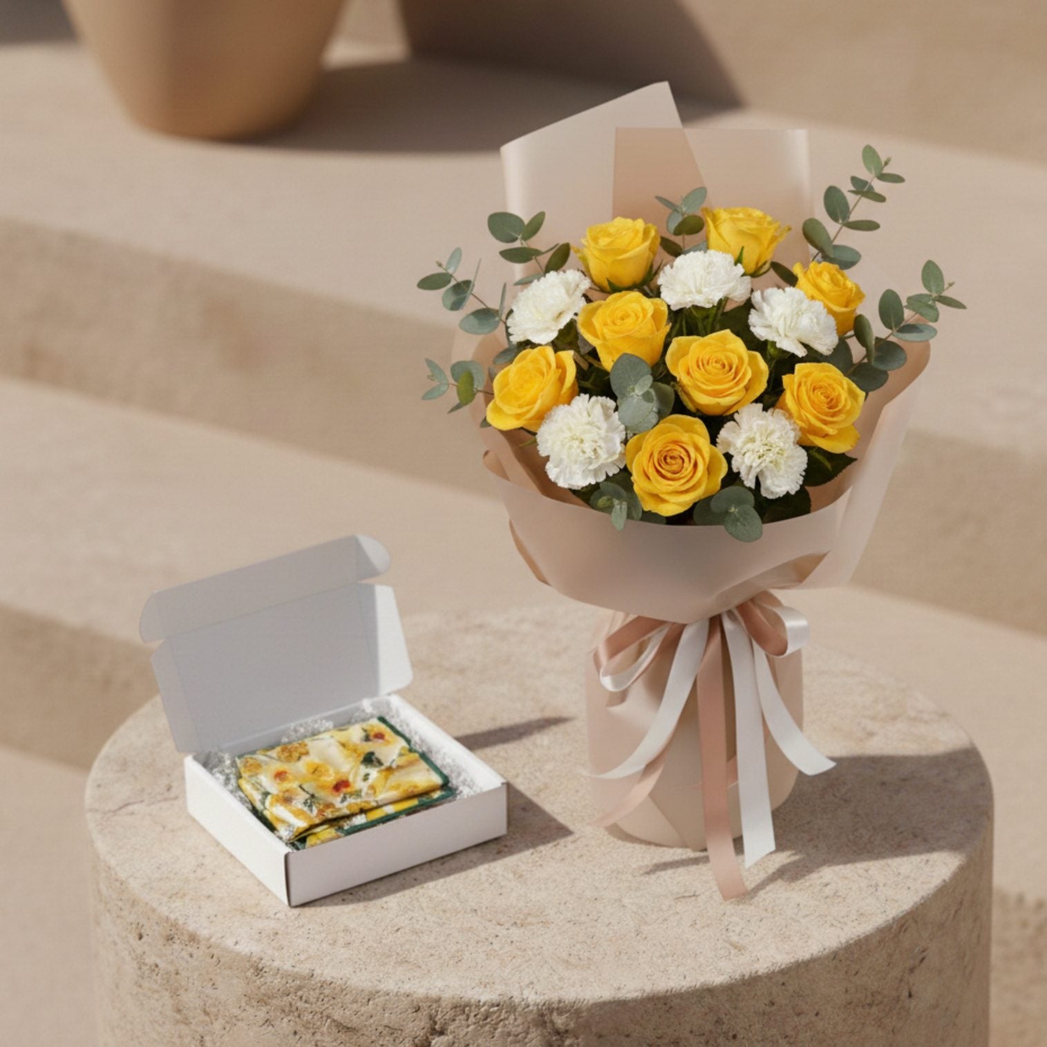 Yellow rose bouquet wrapped in soft blush paper styled with matching ribbon and gift scarf box.