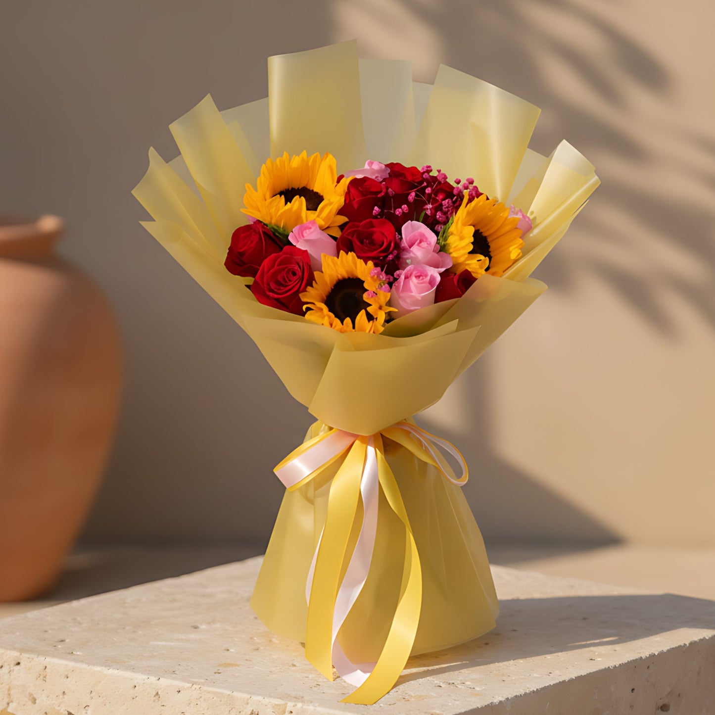 Hand-tied bouquet with sunflowers, red and pink roses, and gypsophila wrapped in gold paper