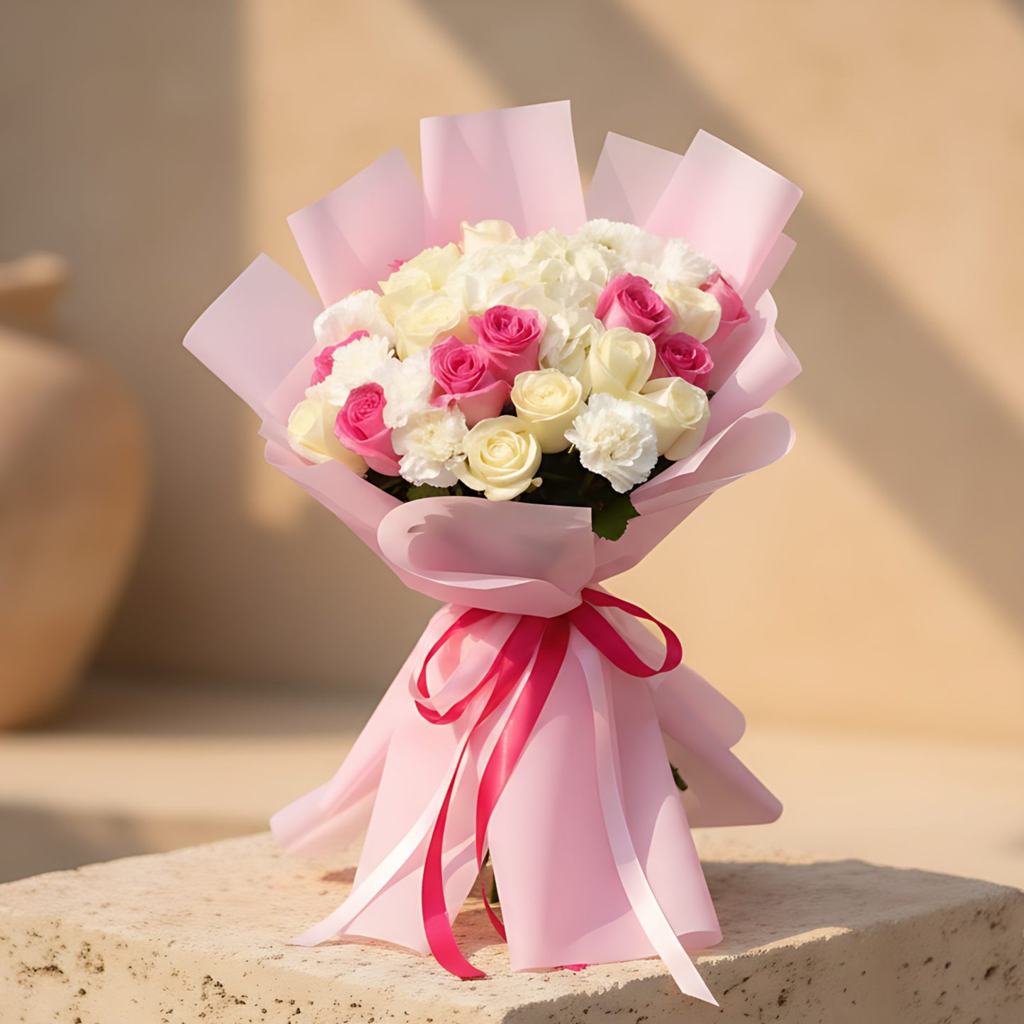 Hand-tied bouquet of pink and white roses with white hydrangea and carnations wrapped in light pink paper