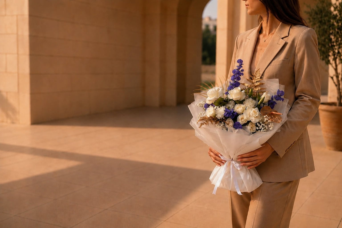 Woman in a beige suit holding an elegant white rose and violet bouquet with gold accents — Thank You Flowers by Aiwa Flowers Dubai