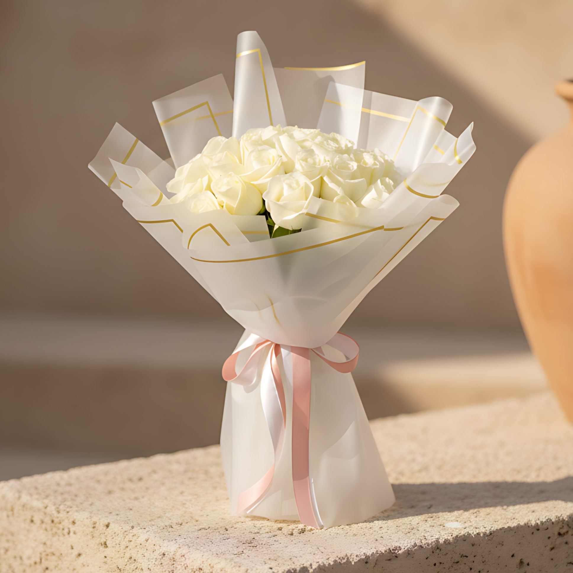 Hand-tied bouquet of 25 fresh white roses wrapped in modern trendy paper