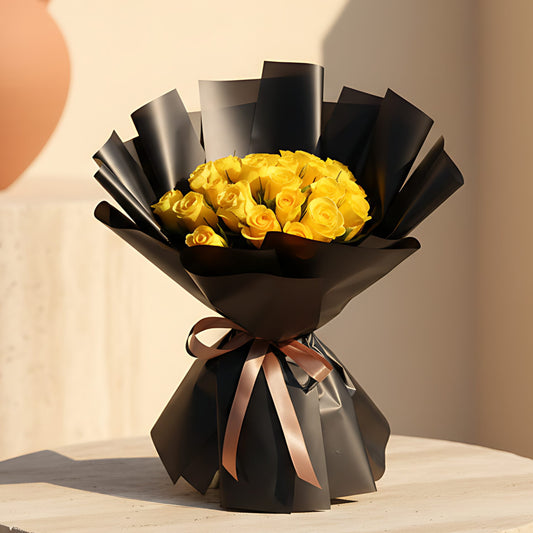 Hand-tied bouquet of 25 fresh yellow roses wrapped in elegant black paper