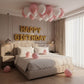 gold happy birthday balloon letters with pink and white balloons bedroom decoration Dubai